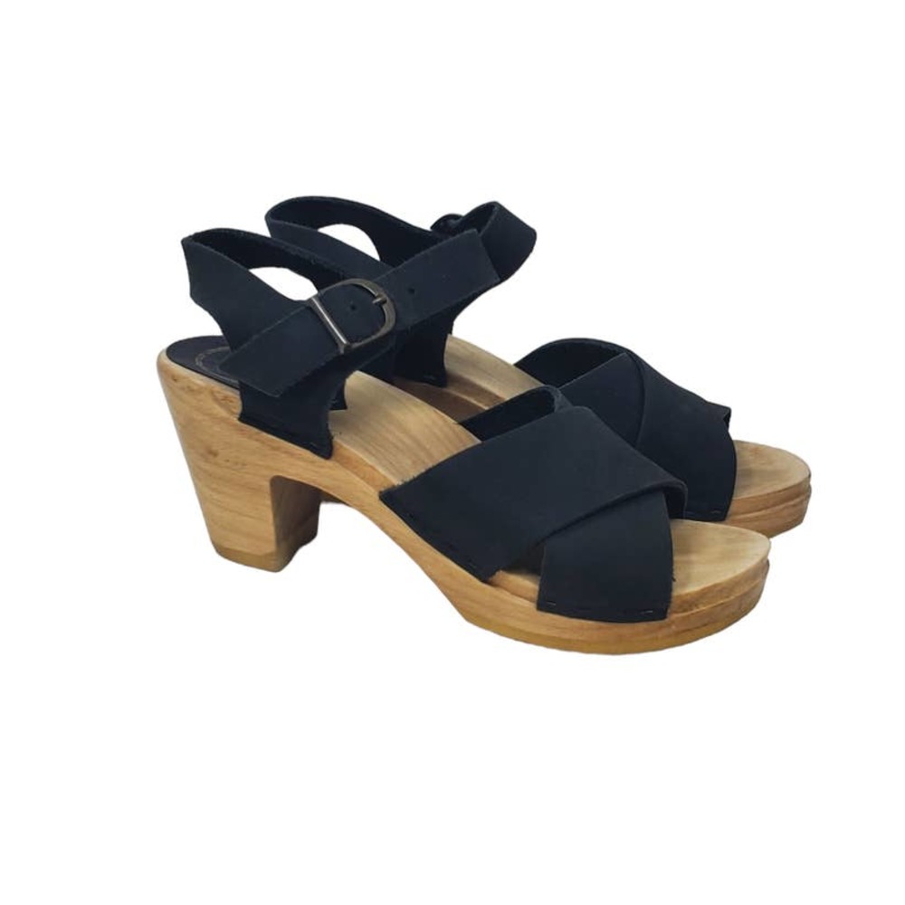 No. 6 38 Wooden Clog Sandal Black Leather Swedish Style Twee Heel Minimalist